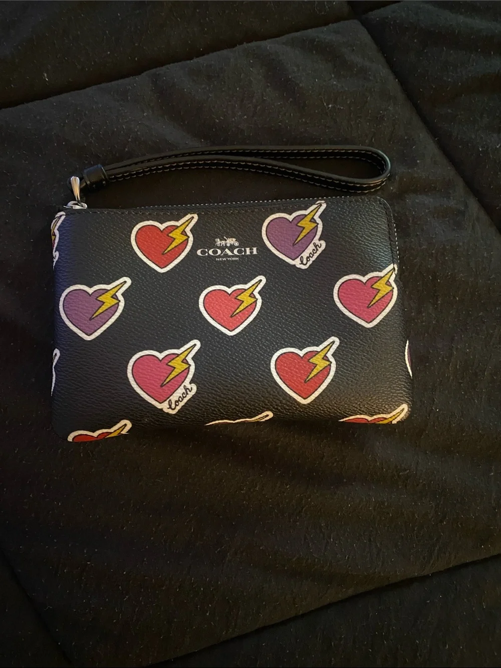 Coach Black Wristlet with Red and Purple Heart Lightning Print